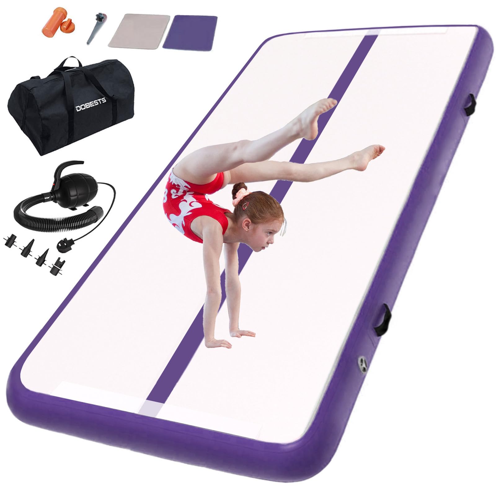 DOBESTS Inflatable Gymnastics Mat Tumbling Mat 6.6 ft 10 ft 13ft 16ft 20ft 4in/8in Thick Tumble Track Air Gymnastic Equipment for Kids Home Training/Yoga/Water/Dance(Purple,2m)