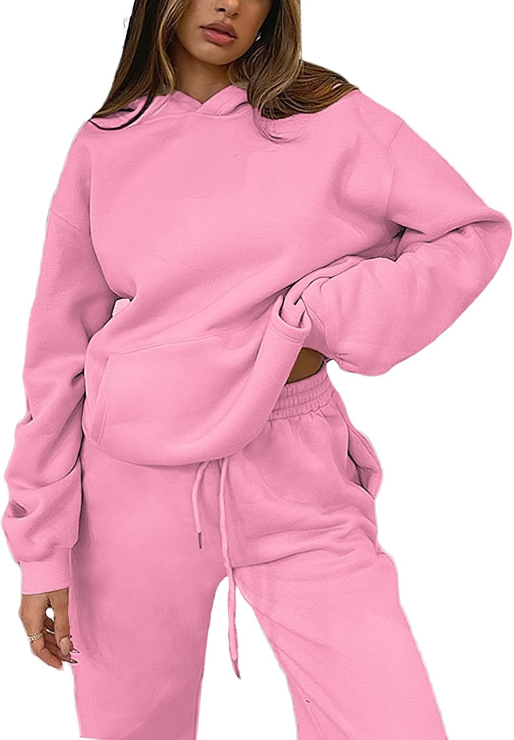 amropi Tracksuit Women's Hooded Pullover Sweatshirt and Jogging Bottoms Warm Fleece Clothing Set M rose red