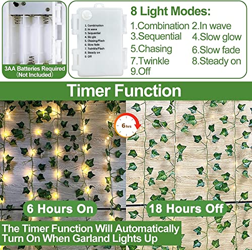 [ 8 Mode & Timer ] Total 240Led 84Ft 12 Pack Artificial Ivy Leaf Fake Plants Vine Large & Small Thick Leaves 12 String Lights Waterproof Realistic Hanging Garland Bedroom Wall Wedding, 7Ft 20Led Each #TOP2