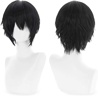Cool Halloween Black Men Short Anime Cosplay Wig, 2 Hair Caps + Wig, Cosplay Anime Man Hair Extensions, Costume Christmas Event Party Hairstyle for Both Mens and Teen Boys
