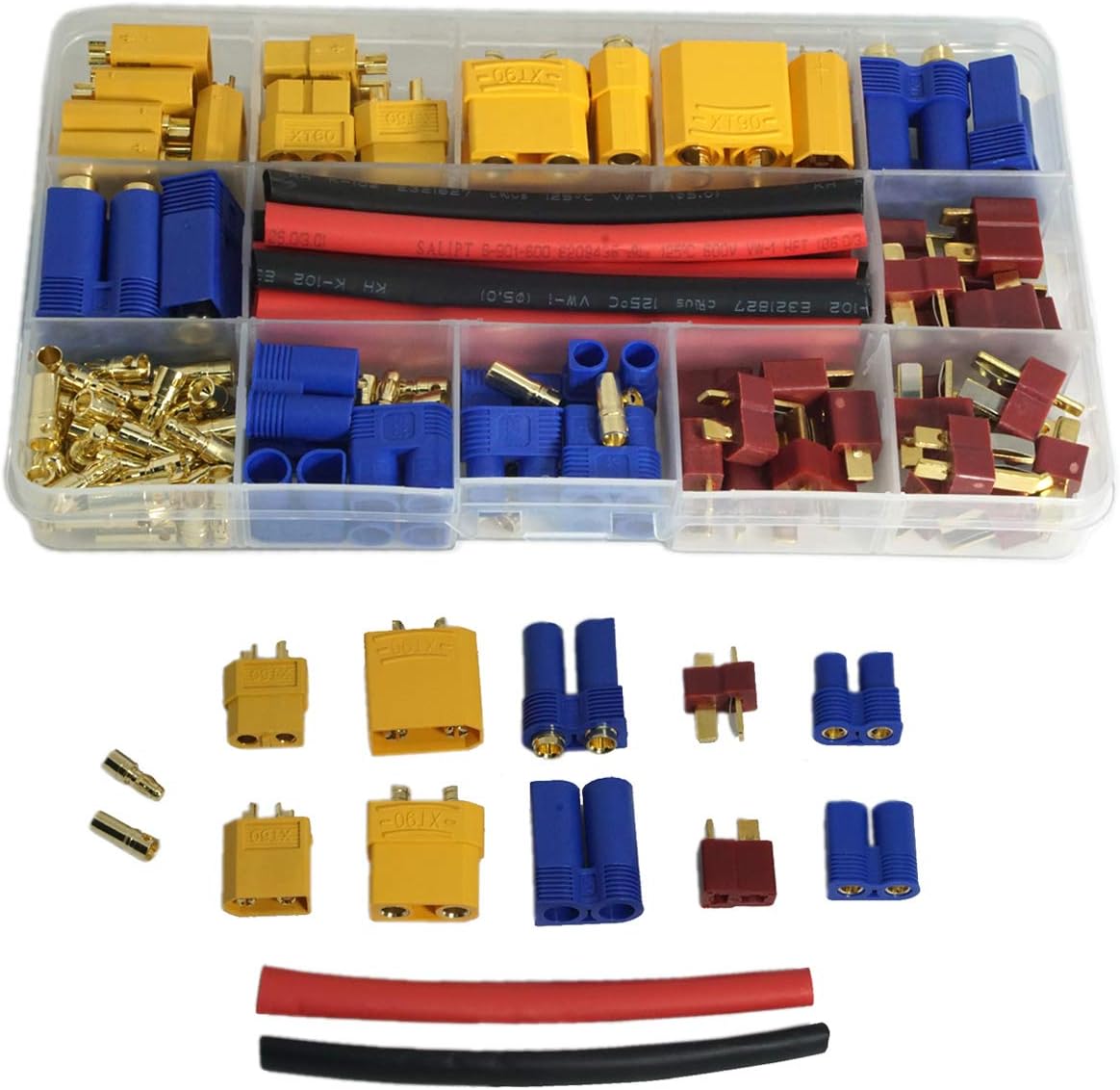 ZYCST XT60 / XT90 /EC3 / EC5 / Deans T-Plug /3.5mm Banana Plug Male Female Adapter Connectors with Heat Shrink Tubing for RC Lipo Battery Electronic Speed Control ESC Motor (Total 102PCS)