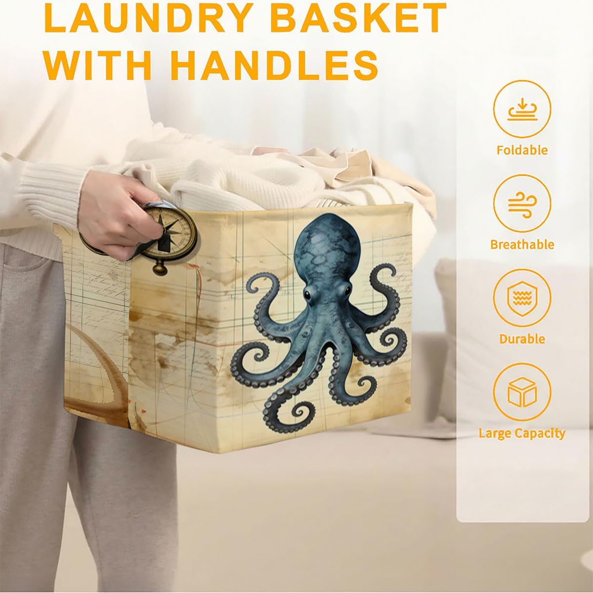 56L Rectangular Storage Bin,Laundry Basket Clothes Hamper with Handles,Foldable Blanket Storage Cotton Linen Laundry Hamper with Waterproof PE, Nautical-themed Home Decor.