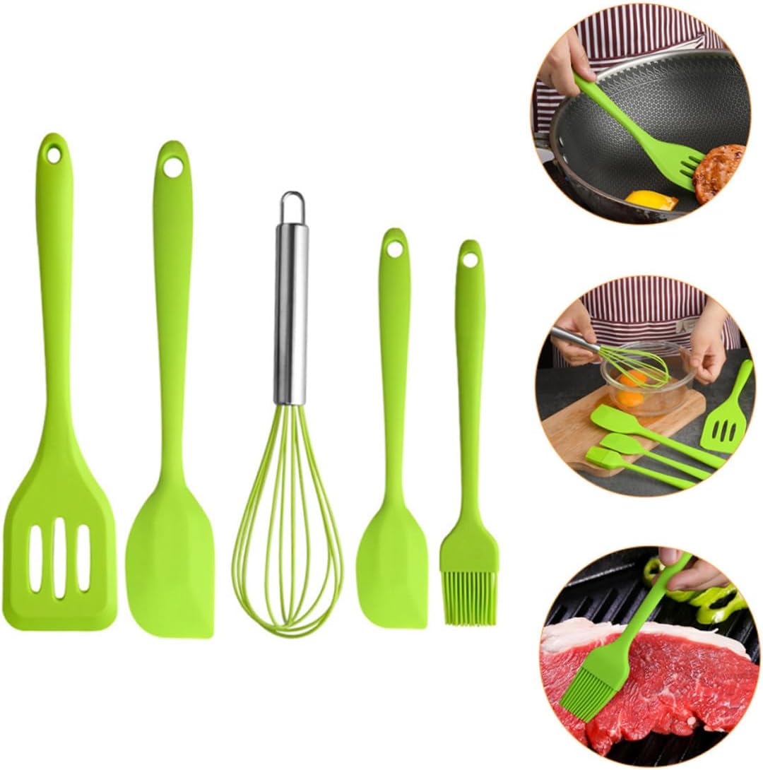 5pcs Silicone Baking Utensil Set with Hanging Heat-resistant Non-stick Kitchen Tools for Cooking and Baking Stainless Steel Reinforced Space-saving Green Household Cookware