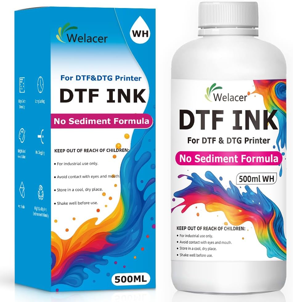 White DTF Ink 500ml, No Sediment Formula for ET8550, L1800, XP600, I3200, R1390, XP15000, ET2800, L800, L805 DTF Printers – Clog-Resistant, High Opacity, Smooth Ink Flow