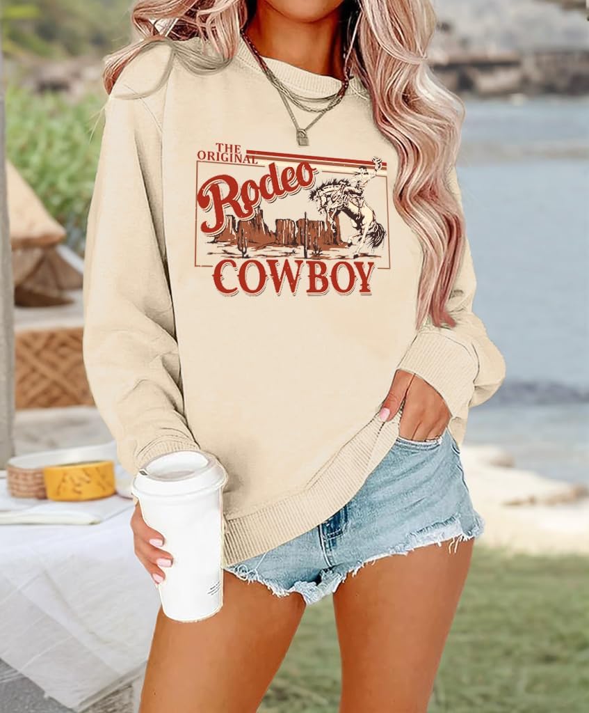 Womens Western Sweatshirt Cowgirl Sweaters Vintage Graphic Country Concert Outfits Long Sleeve Rodeo Shirts Apricot - Image 3