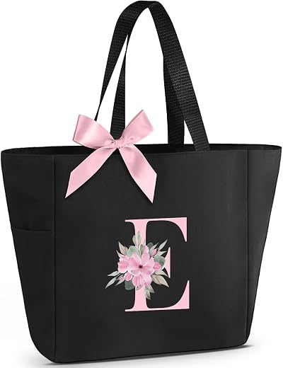 Vavabox Sac Cabas Personnalisé avec Initiale A-Z, Cadeau Imperméable pour Femmes, Demoiselles d'Honneur, Maman, Enseignantes, Amies (E, Noir)