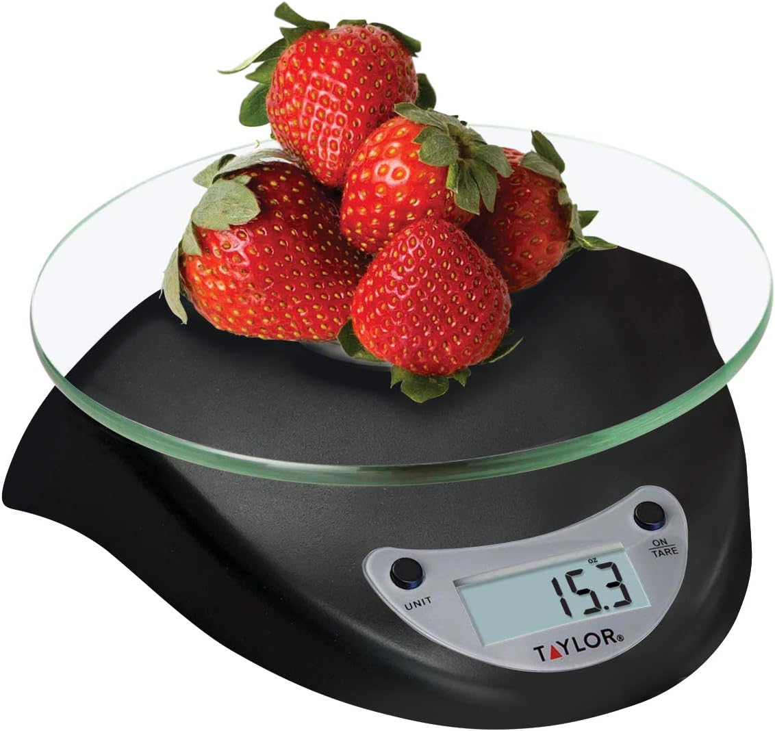 Taylor Digital Kitchen Scale with Glass Platform, Tare Button, and Plastic Body