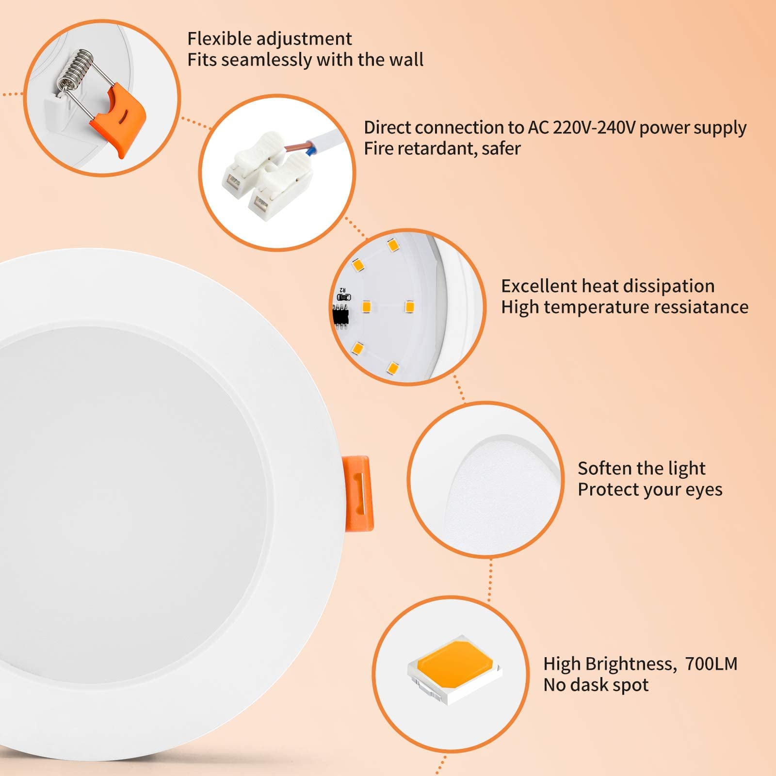 Tomosu LED Einbaustrahler 230V Flach, LED Spot 7W 700LM, IP44 Einbauleuchten für das Bad, Warmweiß 3000K, Ø95-105mm Lochdurchmesser, Deckenspots für Wohnzimmer Küche Schlafzimmer, 20er Set