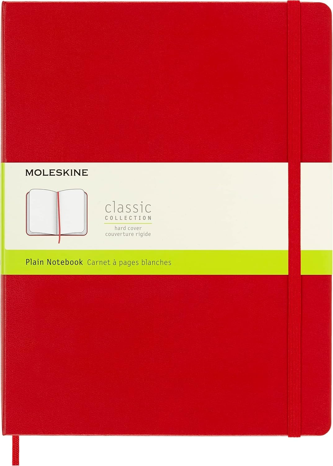 Classic Plain Paper Notebook, Hard Cover and Elastic Closure Journal, Color Scarlet Red, Size Extra Large 19 x 25 cm, 192 Pages