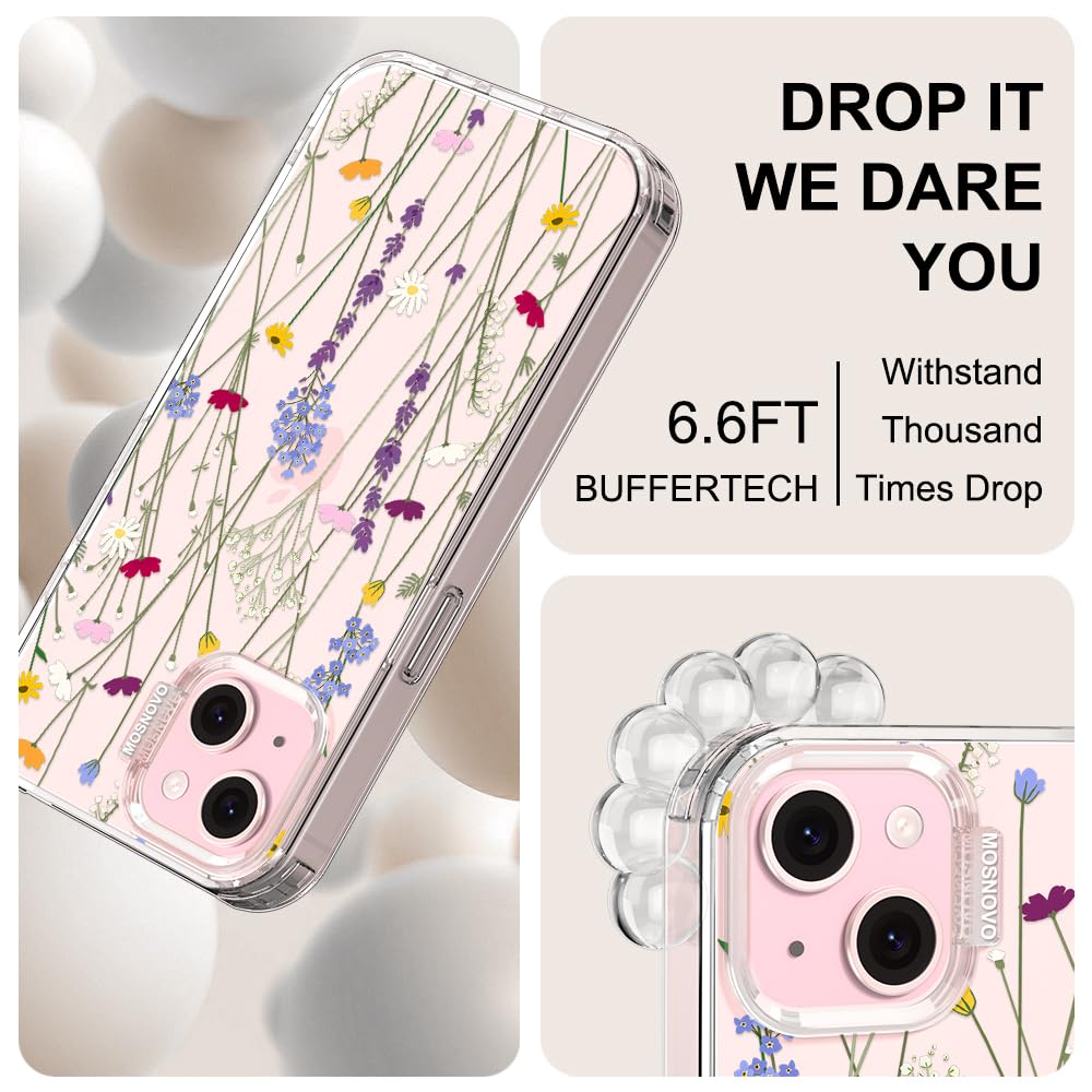 MOSNOVO Case for iPhone 15 Plus / 14 Plus [Buffertech 6.6ft Military-Grade Drop Protection] [Anti Peel Off Tech] Clear TPU Bumper Phone Case Cover Design - Floral Garden — view 5