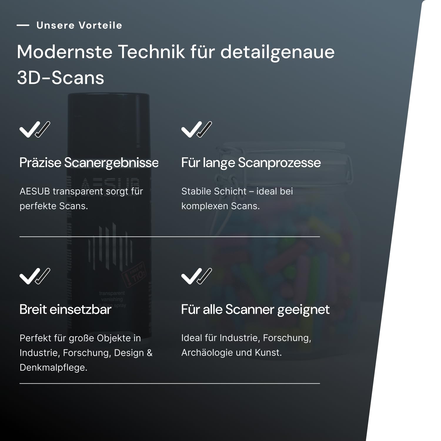 AESUB transparent 3D Scanningspray – 400 ml transparentes, selbstverflüchtigendes Scanspray ohne Pigmente, erhält Farbinformationen & eliminiert Reflexionen, für 3D-Scan & Fotografie, Made in Germany