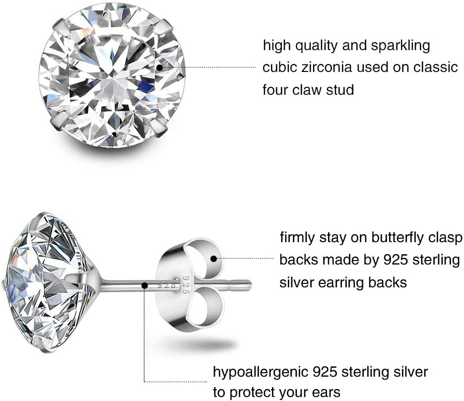 TTVOVO 925 Sterling Silver Stud Earrings Princess Cut Cubic Zirconia Sparkling Simulated CZ Diamond Earrings for Women Men Round 4 Prong Ear Studs Piercing Earrings Hypoallergenic Jewelry Gifts, 5MM - Image 3