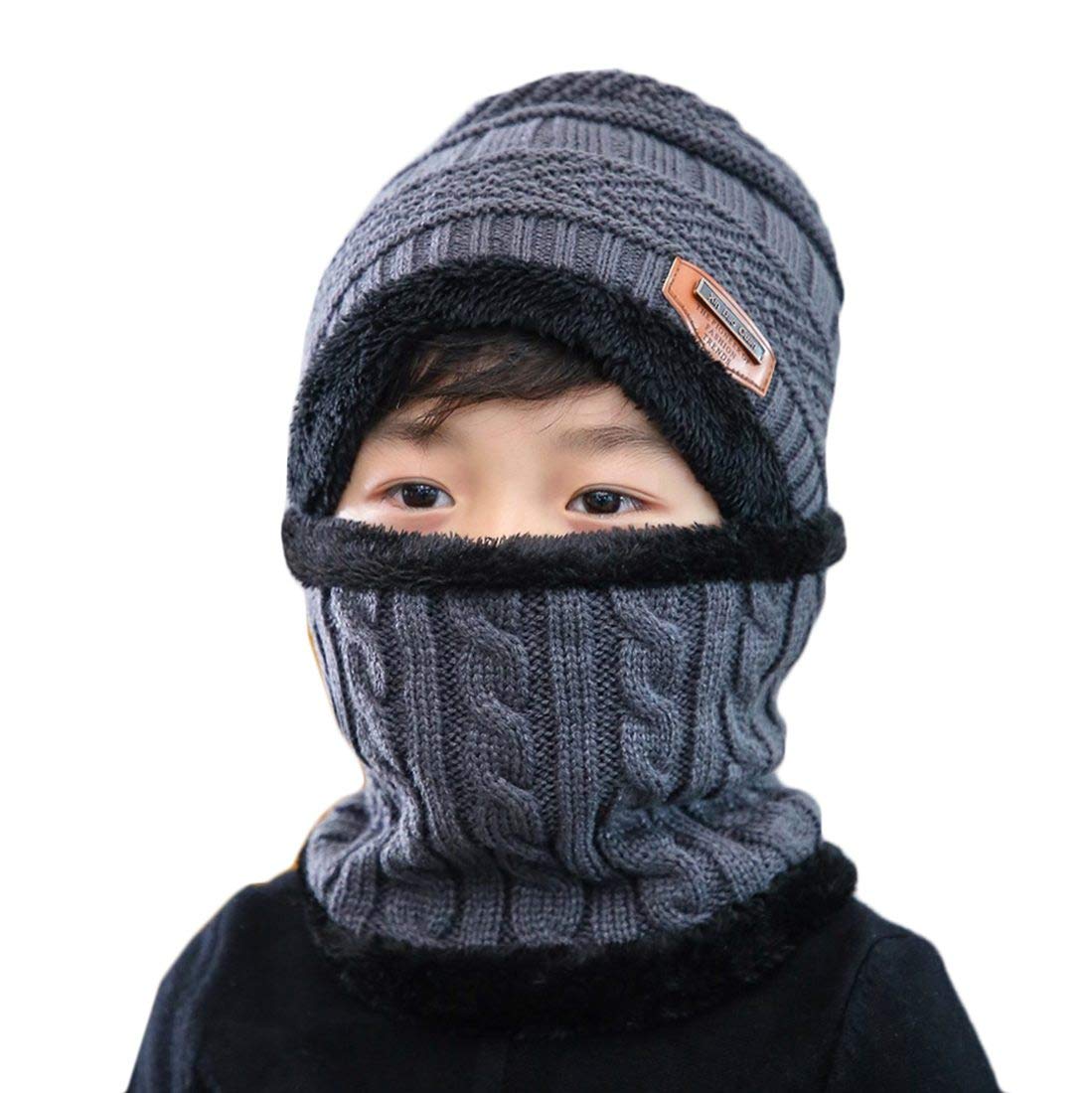 Kids Winter 2-Pieces Beanie Hat Scarf Set Slouchy Skull Cap and Circle Scarf for Boys Girls (Gray)