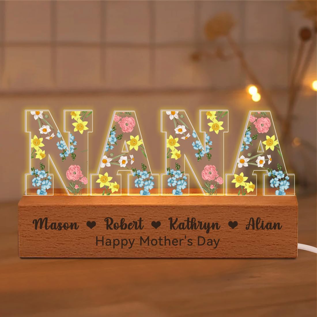 Personalized Birth Flower Nana Lamp, Custom Letter Nana Birth Month Flower Acrylic LED Night Light with Kid's Names, Christmas Mothers Day Birthday Gifts For Nana, Mothers Day Home Decorative