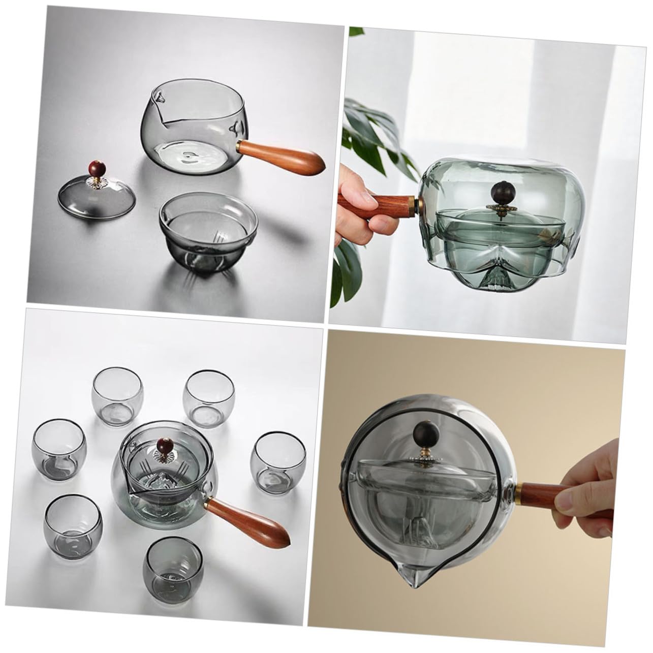 Teekanne mit Langem Griff und Drehbarem Sieb, Glas, Holz