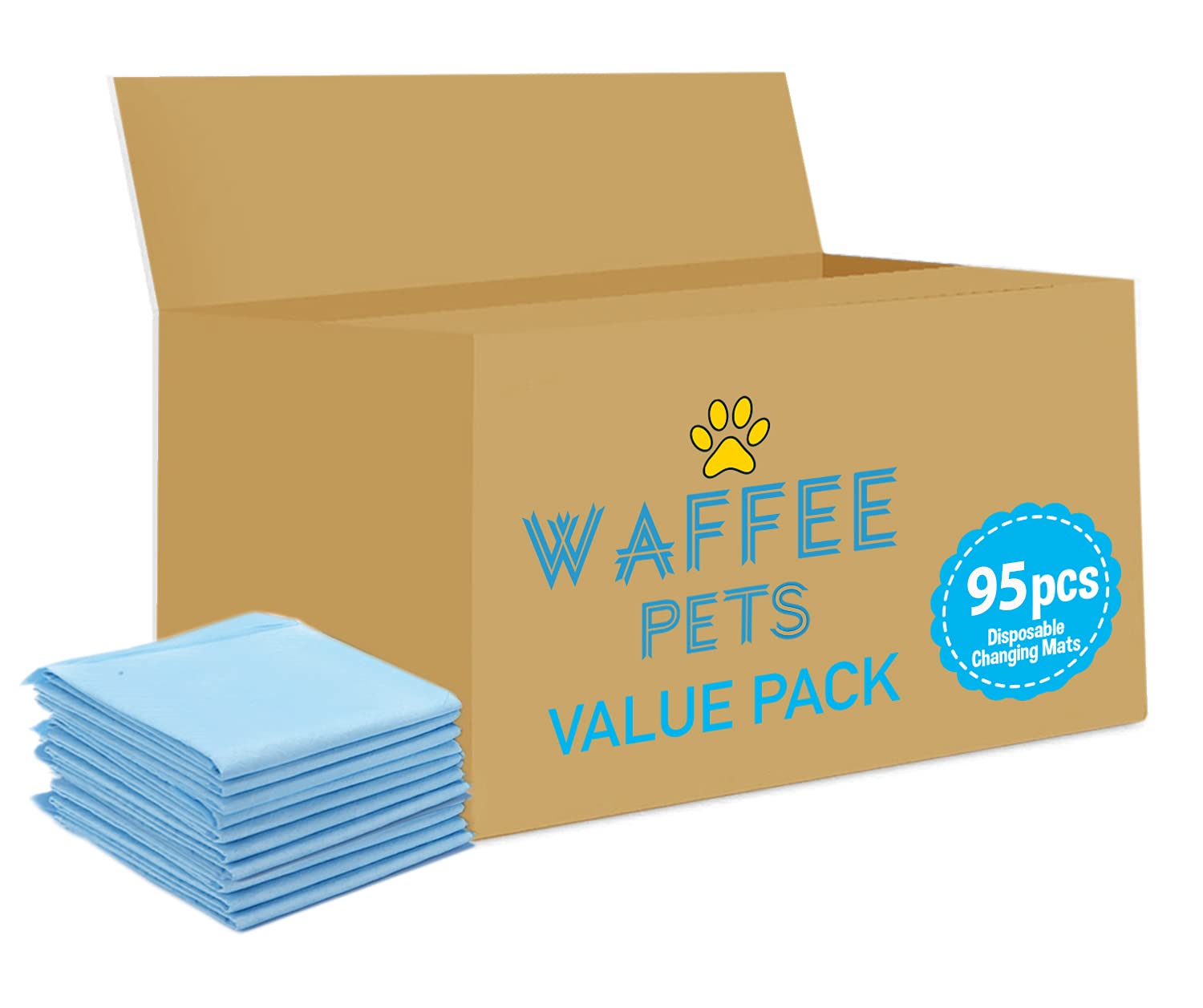 Waffee disposable changing mats, 95 counts, absorbent quick drying leak-proof pee pads for potty training, changing pad, nappy pad, pet training pad