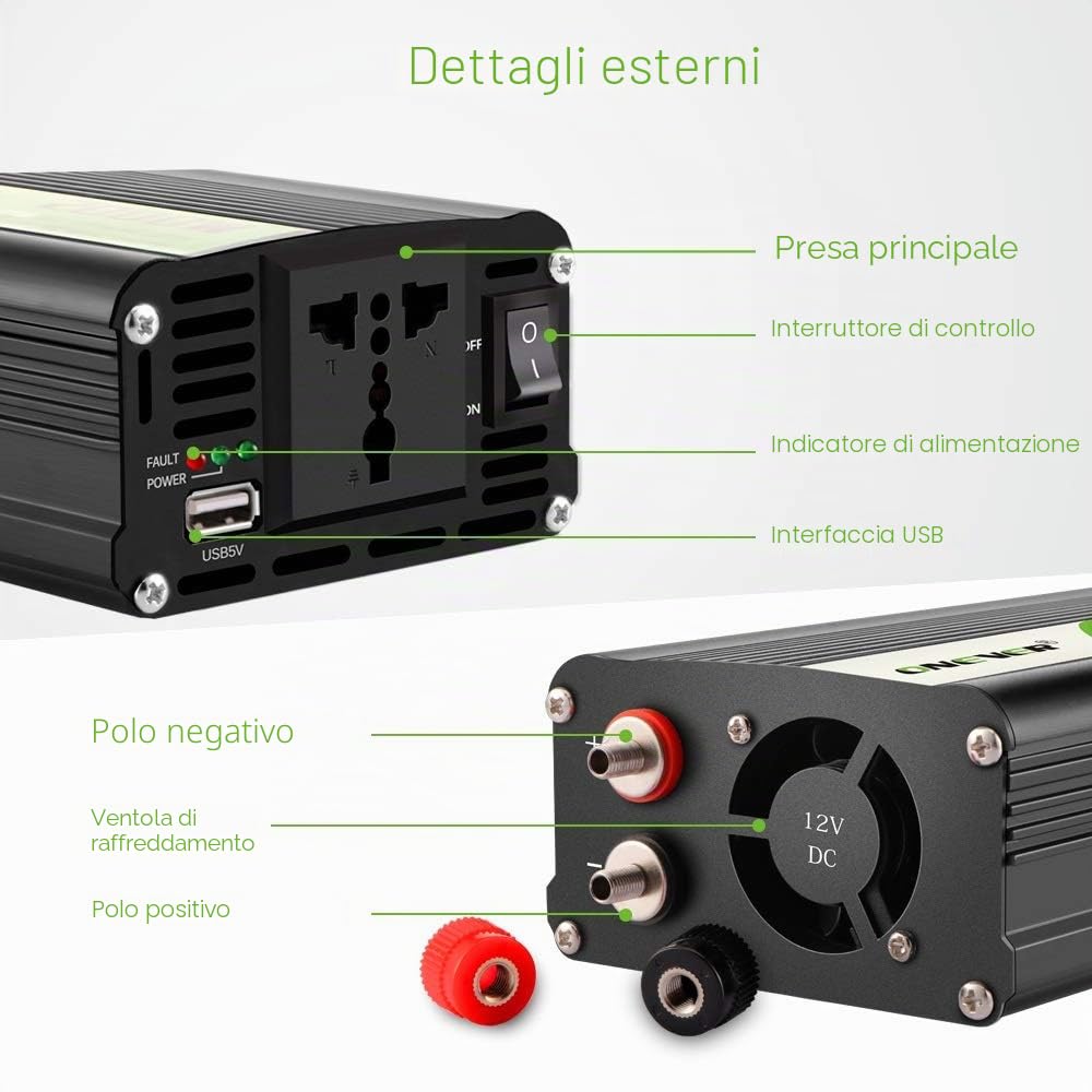Inverter Auto Onda Pura 2000W 12V 220V Convertitore DC 12 V a 220V Porte USB 2.1A Caricatore da auto 1 pc Nero