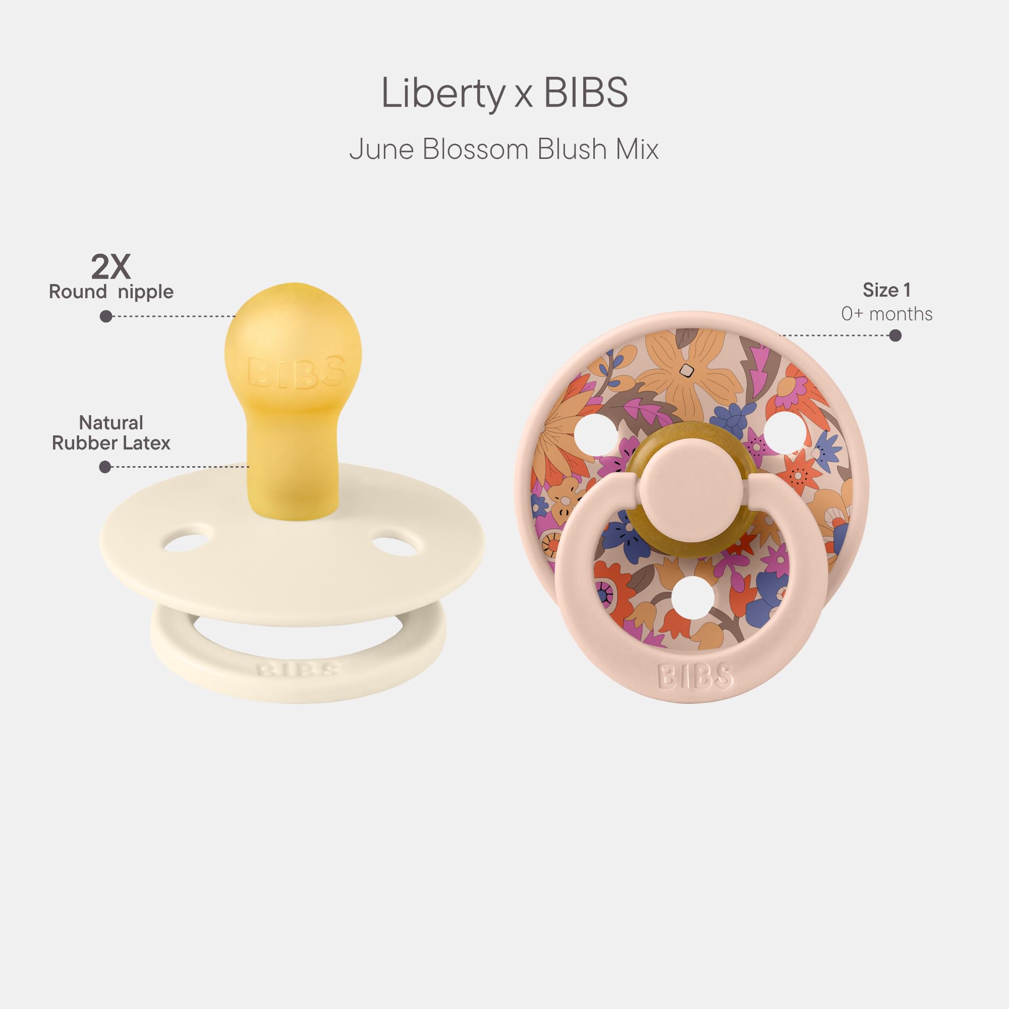 BIBS Liberty Pacifier | 2 Colour Natural Rubber Latex Soothers | Size 1 (0-6 Months) BPA Free Dummy Pacifier | Round Nipple | Designed & Made in Denmark | June Blossom Blush Mix — view 2