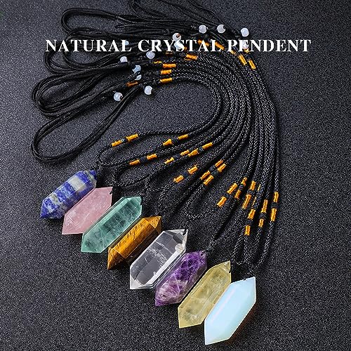 Image of Runyangshi Tiger's Eye Healing Crystal Pendants, Double Pointed Natural Crystal Quartz Necklace 6 Faceted Chakra Crystal Wand Stone