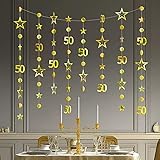 Gold 50th Birthday Garland Gold 50 Circle Dot Twinkle Star Streamer Fiftieth Hanging Bunting Banner Backdrop for Her/Him 50 Years Old Birthday Party Decorations 30 Feet
