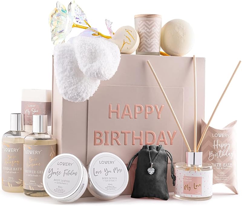 Birthday Gifts for Women, Birthday Spa Gift Basket for Women, Luxury Birthday Spa Gift Box with Vit E, Rich Bath Essentials, Diffuser, Candle, Sterling Silver CZ Heart Necklace, 24k Flower Rose & More