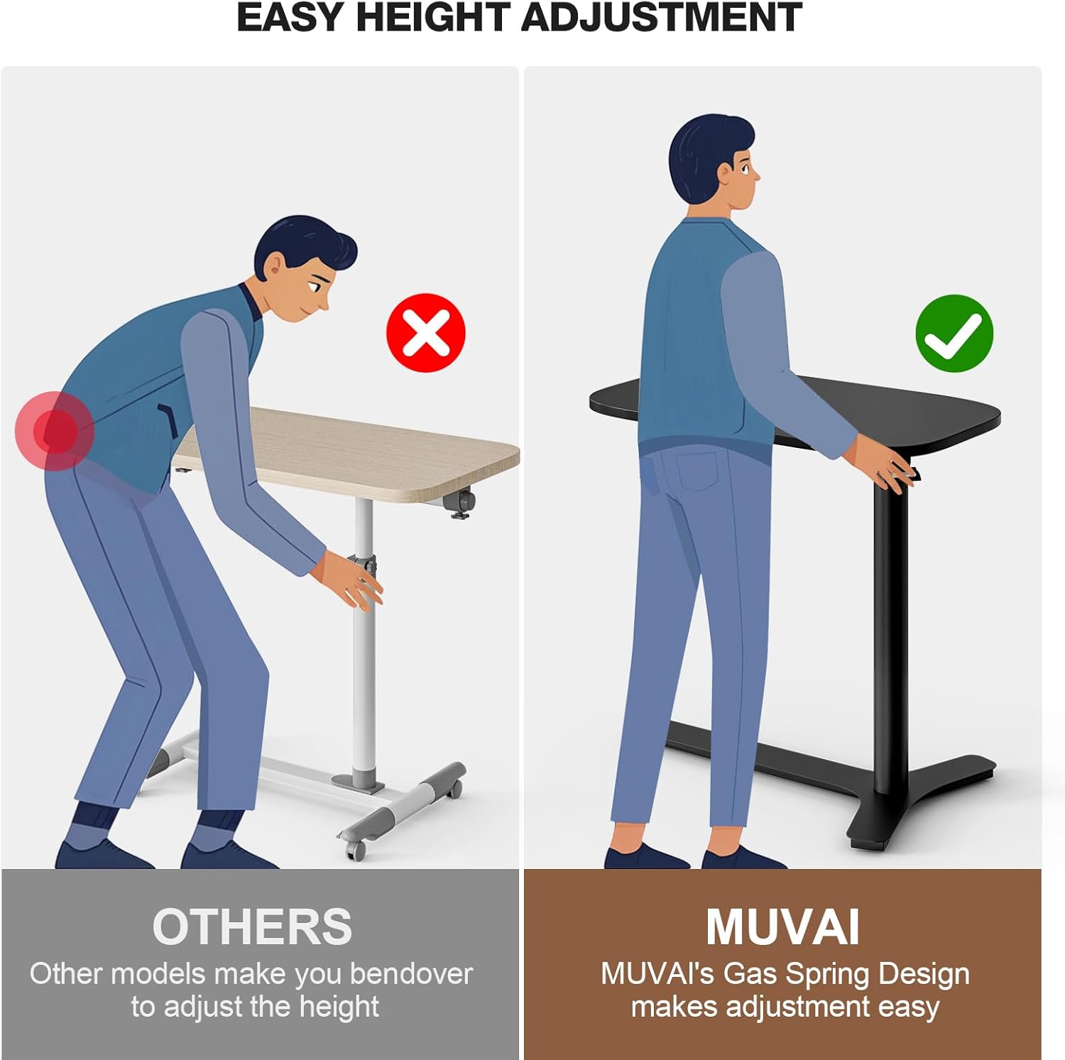 Muvai Overbed Bedside Table with Hidden Casters,30 Inches Adjustable Height Pneumatic Mobile Laptop Standing Desk, Rolling Computer Table for Home & Hospital Use ，Black 30" W x 17.7" D