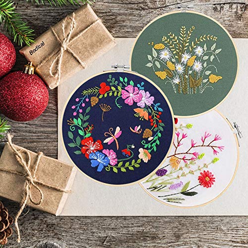 for Women, Embroidery Kit for Beginners, Cross Stitch Starter Kits Include 3 Sets Embroidery Fabric Cloth with Pattern, 3 Bamboo Hoops,Floss Threads, Needles and Scissors
