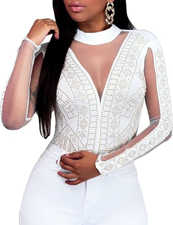 Lrady Womens Deep V Neck Backless Long Sleeve Rhinestone Mesh Bodysuit Top | Sexy Sheer Jumpsuit Top, Sparkly, See Through, Stretch Fit, Snap Crotch, For Party, Concert, Club, Night out