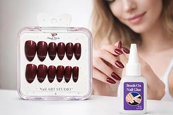 Bordo Simli Takma Tırnak Seti, Yapıştırıcılı, Uzun Badem, Form, Dayanıklı Press On Nail Art, Evde Kolay Uygulama, Şık ve Parlak Görünüm