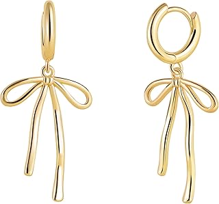 Gold Cherry Bow Heart Drop Dangle Earrings, Huggie Hoop Style, Hypoallergenic Non Tarnish Delicate Ribbon Butterfly Design Dainty Shiny Sensitive Ear for Women Gifts