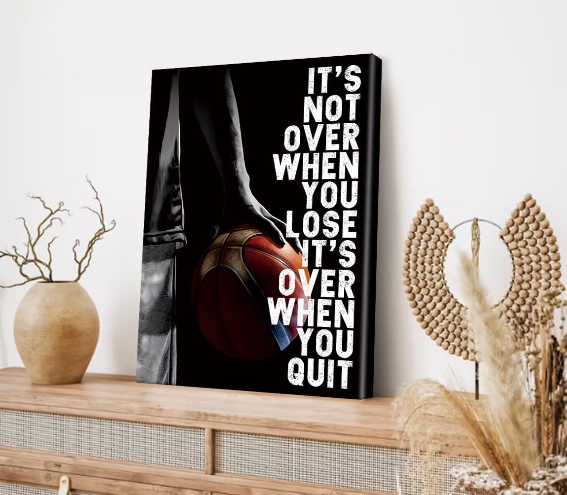 Framed Inspirational Basketball Art Prints,Boys Bedroom Basketball Theme Prints,Basketball Quotes It's Not Over When You Lose It's Over When You Quit Motivational Poster Sports Artwork Decor 12x16in