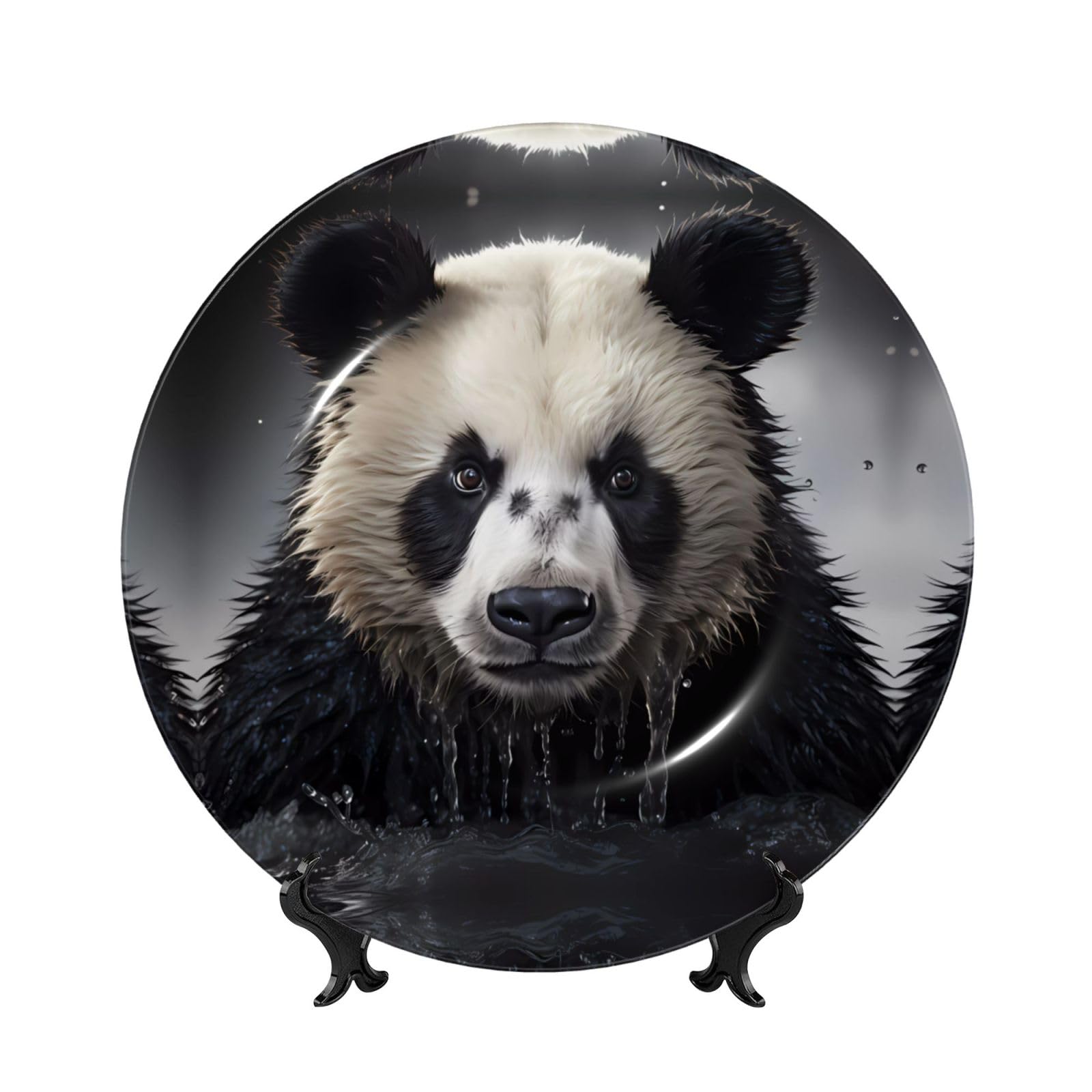 SXZVVBN Panda in the water Bone China Decorative Plate Art with Stand Removable Adhesive Hanging for Home Office 7in
