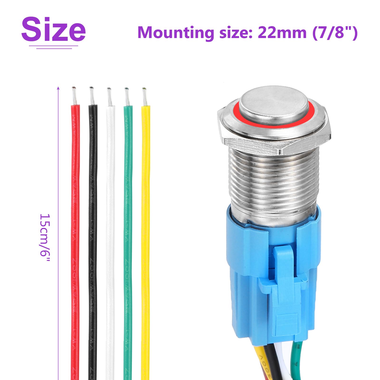 DMiotech 7/8 Inch Stainless Steel Latching Push Button Switch Domed Head 5A 12-24V Silver Shell 6 Pin with Cable Socket Red Ring LED 1NO1NC for Car Boat Systems Custom Setups - Image 4