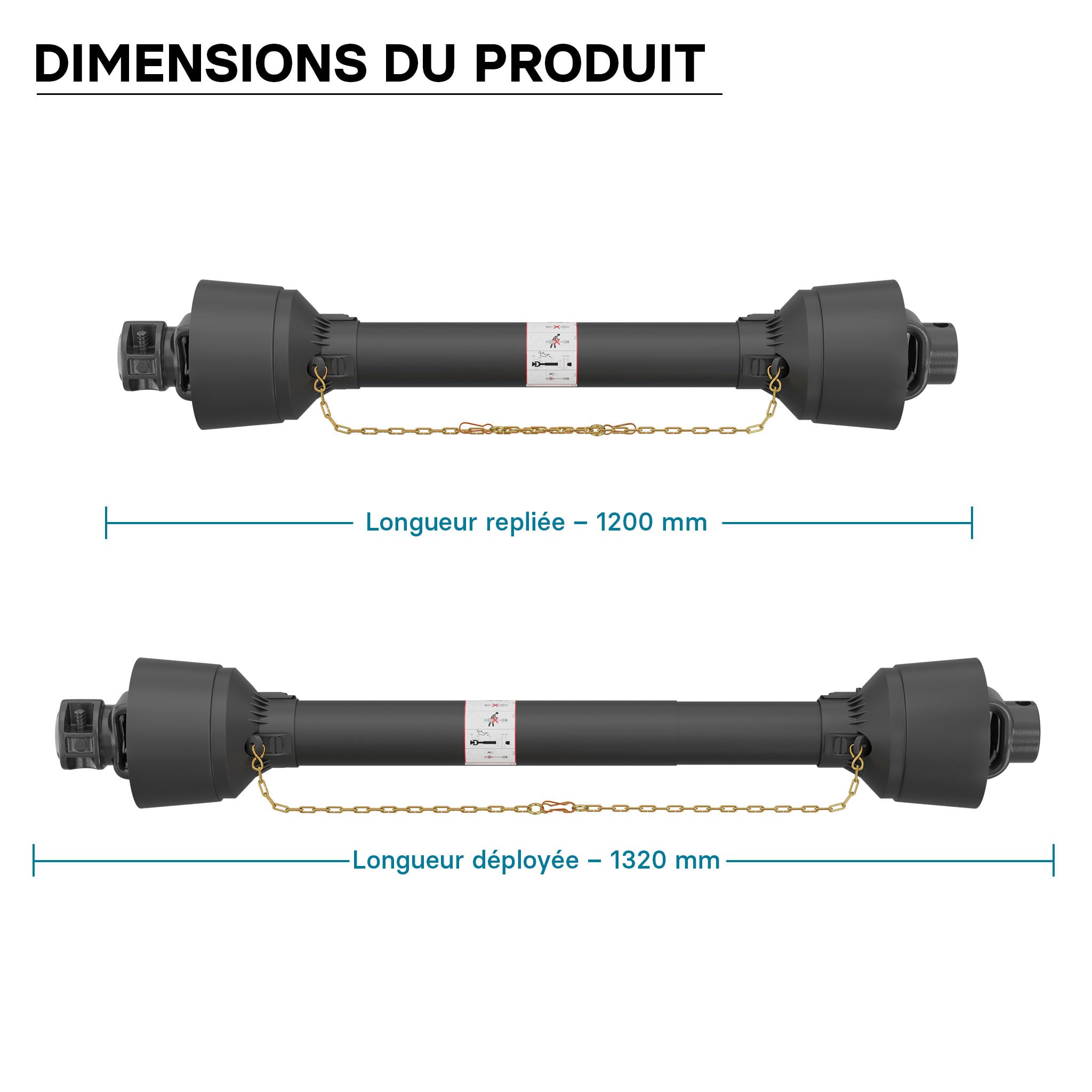 WilTec Arbre Transmission T4 cardan - Longueur 1200-1320 mm / 2X 1 3/8" 6 Dents / 460 Nm / 540 TR/Min / 40 KW (55 CV) - Prise de Force agricole
