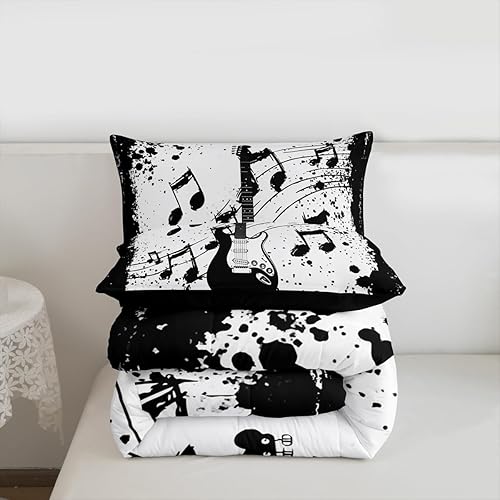 Miniatura 7 de Juego de ropa de cama de guitarra vintage, juego de edredón de notas musicales tamaño individual, edredón retro grunge, edredón y juegos de ropa de