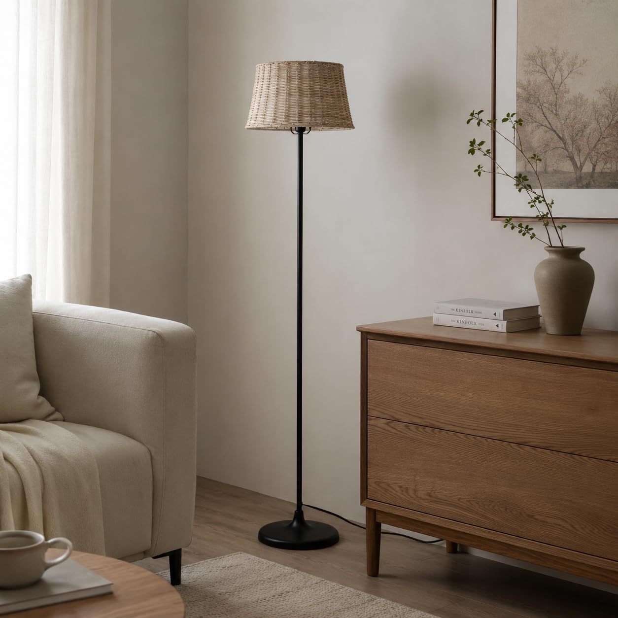 Alpinaluz Lampa Podłogowa E27 Klosz Bambus Wiklina Czarna Podstawa 147 cm | Ręcznie pleciony klosz Ø28 cm i czarna metalowa podstawa, styl nordycki boho do salonu, sypialni, sofy i czytania