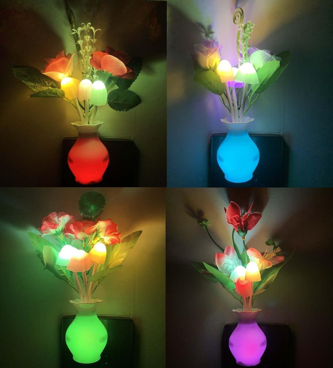 4 Pieces LED Night Light Plug in with Dusk to Dawn Sensor 7 Color Change,Wall Lamps Plug in NightLight for Kids Adults, Bedroom, Bathroom, Kitchen, Hallway, Stairs (4 Pieces Flower)