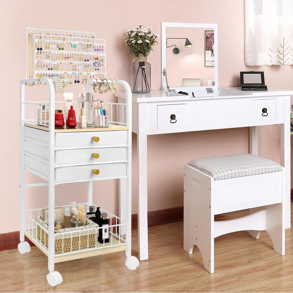 Large Jewelry Holder Organizer, Jewelry Display Stand with 3 Jewelry Box Drawers, Earring Storage Organizer Necklace Rack Jewelry Towers for Necklace Earring Bracelet Ring Watch (White)