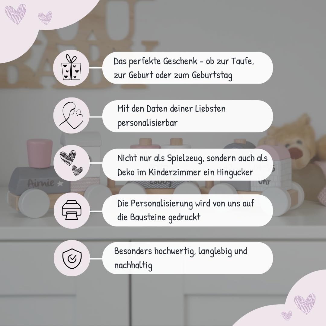 KIDSLINO Holz Eisenbahn rosa - personalisierbar I Geschenk zur Geburt Mädchen I Handmade Holzspielzeug mit Steckformen I Personalisierte Geschenke Baby I Holzzug mit Name & Geburtsdaten