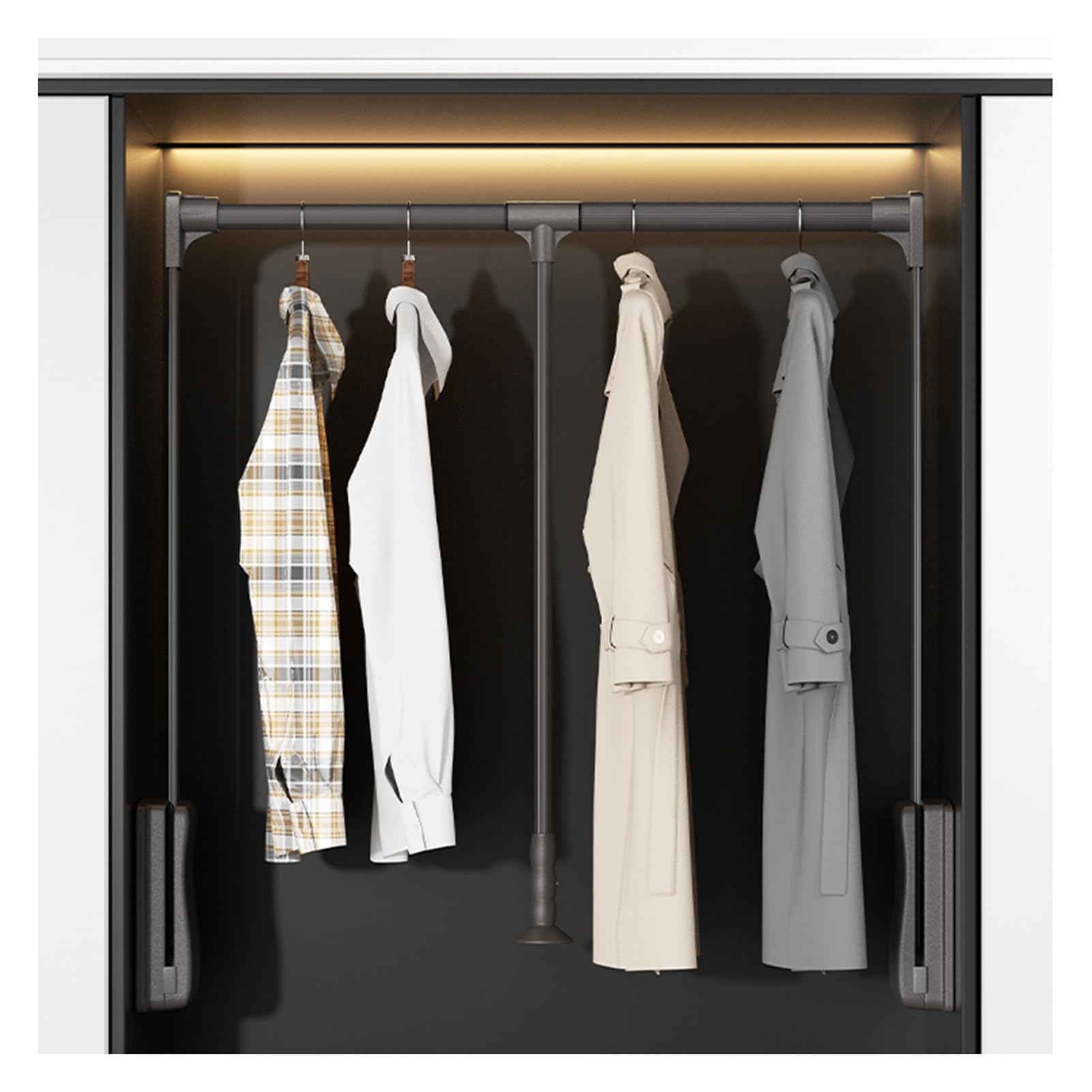 HTTGDGDH Adjustable Pull Down Closet Rod, Double Buffer Liftable Clothes Hanger, Fits 21.65-49.21 Inch Cabinets, Ideal For Wardrobe & Closet Storage,Black-550-700mm