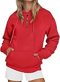 Women's Button Collar Hoodie Sweatshirts Long Sleeve Fleece Workout Pullovers Top Fall Casual Cute Hooded Sweater (Red,X-Large)