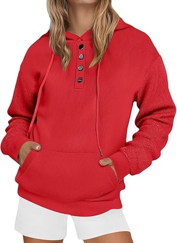 Women's Button Collar Hoodie Sweatshirts Long Sleeve Fleece Workout Pullovers Top Fall Casual Cute Hooded Sweater (Red,X-Large)