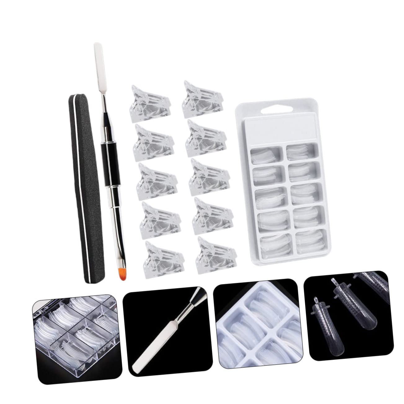 Mikinona 1set Manicure Extension Nails Kit Crystal Nail Molds Extensions Dual-ended Scraper Sanding File and Crystal Clips