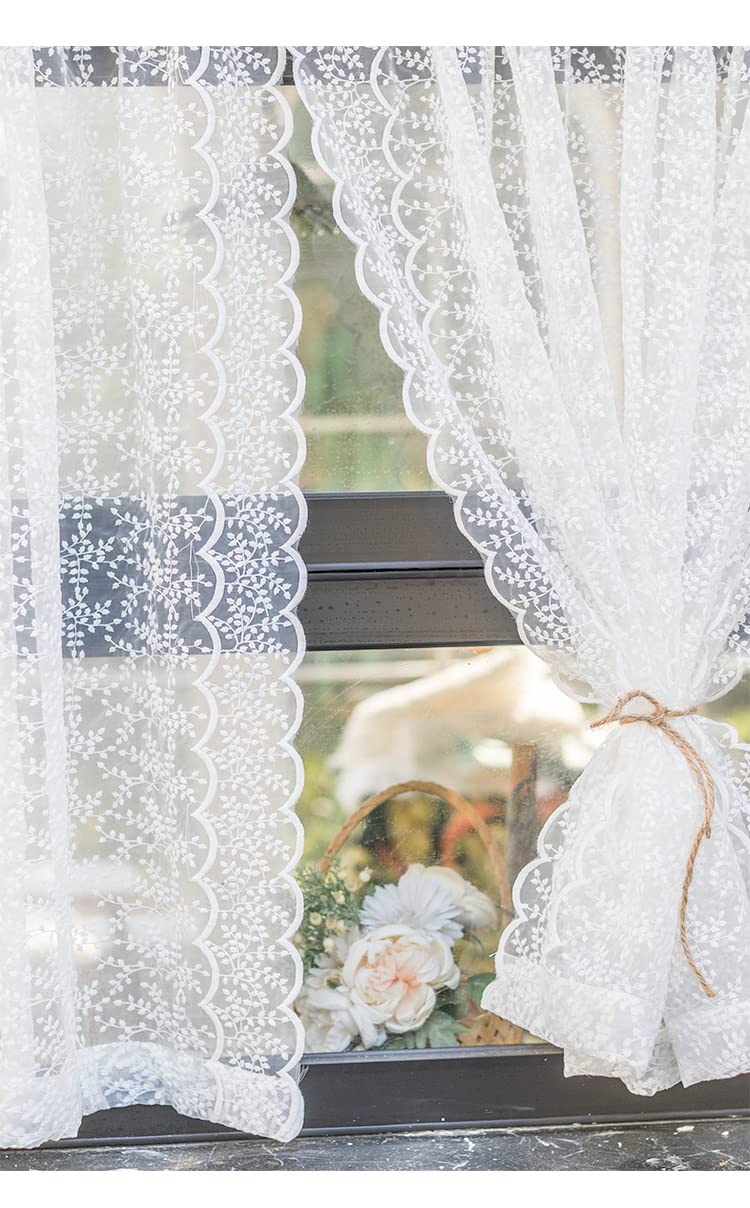 Tenda con design in pizzo, tenda trasparente delicata per cucina, soggiorno, stile casa di campagna, 1 pezzo, bianco, 130 x 260 cm (L x A)