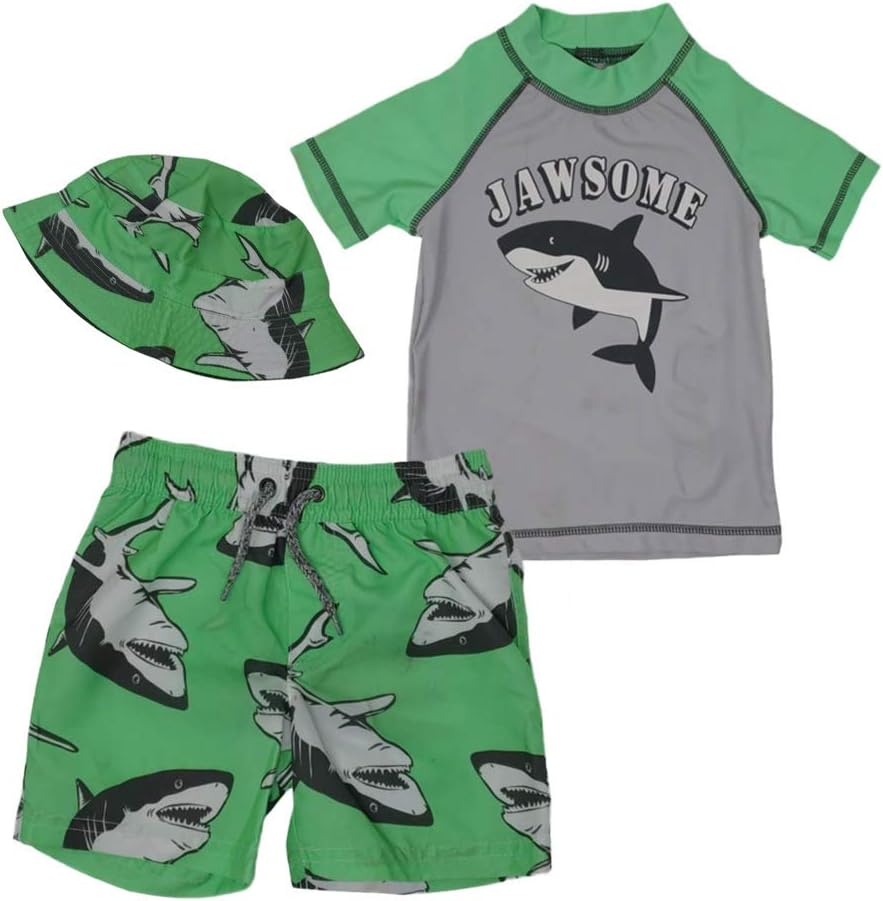 Carter's Baby Boys 3 Piece Rashguard Set with Hat UPF 50 SPF (4T, Green Jawsome/Sharks)