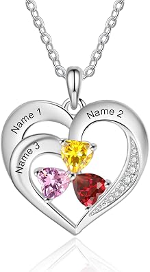 Personalized Mothers Name Necklace with 2-4 Simulated Birthstones Custom Heart Pendant Necklace Engraved Names Family Anniversary Jewelry for Grandma