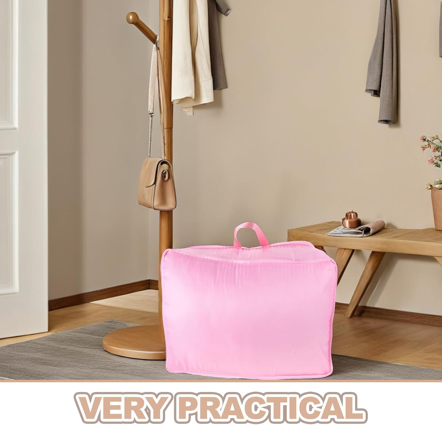 KICHOUSE Large Capacity Compression Storage Bag for Clothes down Jackets, Travel Friendly Cloth Material Clothes Protection Bag, for Moving and Wardrobe Organization, Pink image 3