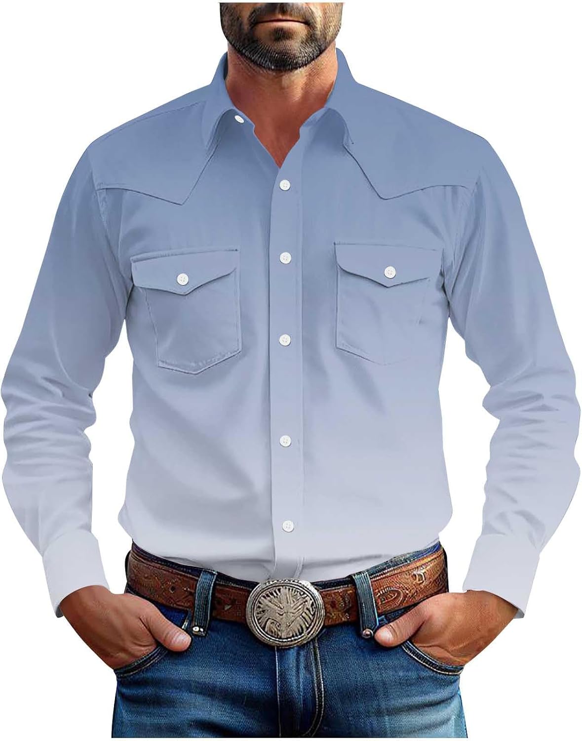 Western Cowboy Shirts for Men Pearl Snap Button Down Cotton Work T-Shirt Men's Casual Dress Shirt Jacket with Pocket