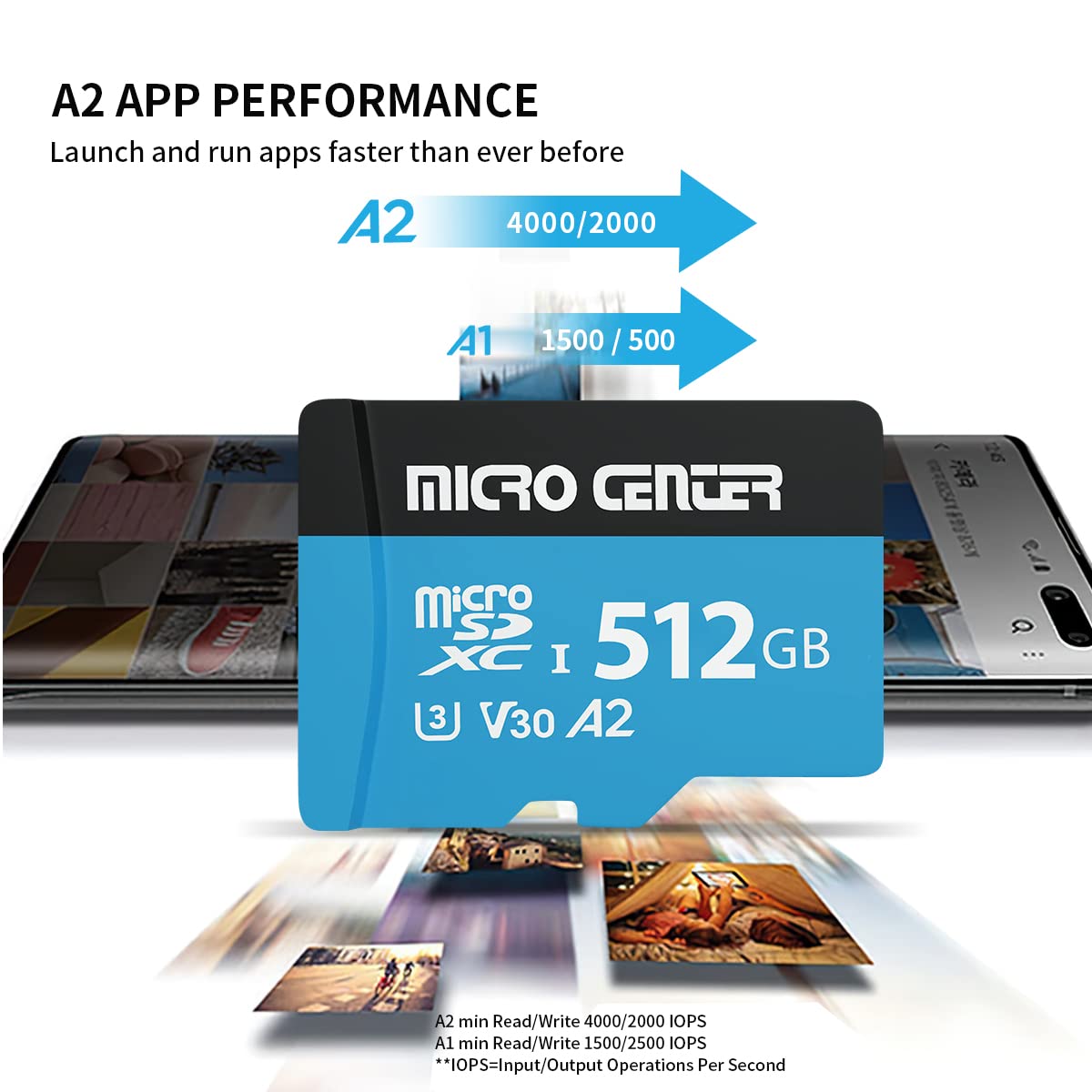 INLAND Micro Center Performance - Tarjeta microSDXC de 512 GB, tarjeta micro SD A2, UHS-I C10 U3 V30 A2 4K UHD tarjeta de memoria flash de video con adaptador para smartphones, tabletas, drones y