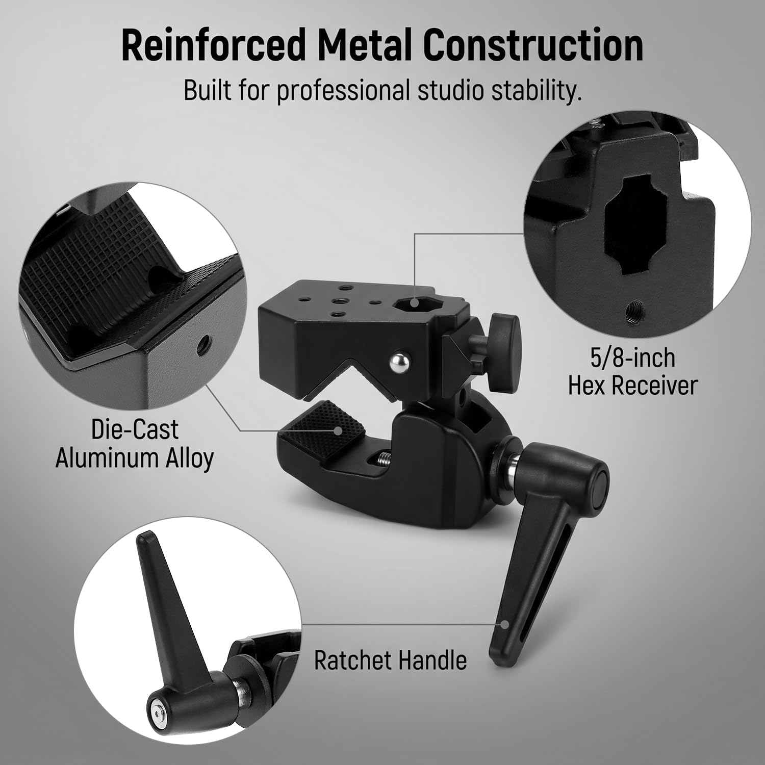 QWORK Universal Super Clamp with 5/8" Standard Stud for Photography Studio, Video Camera, and Lighting Support